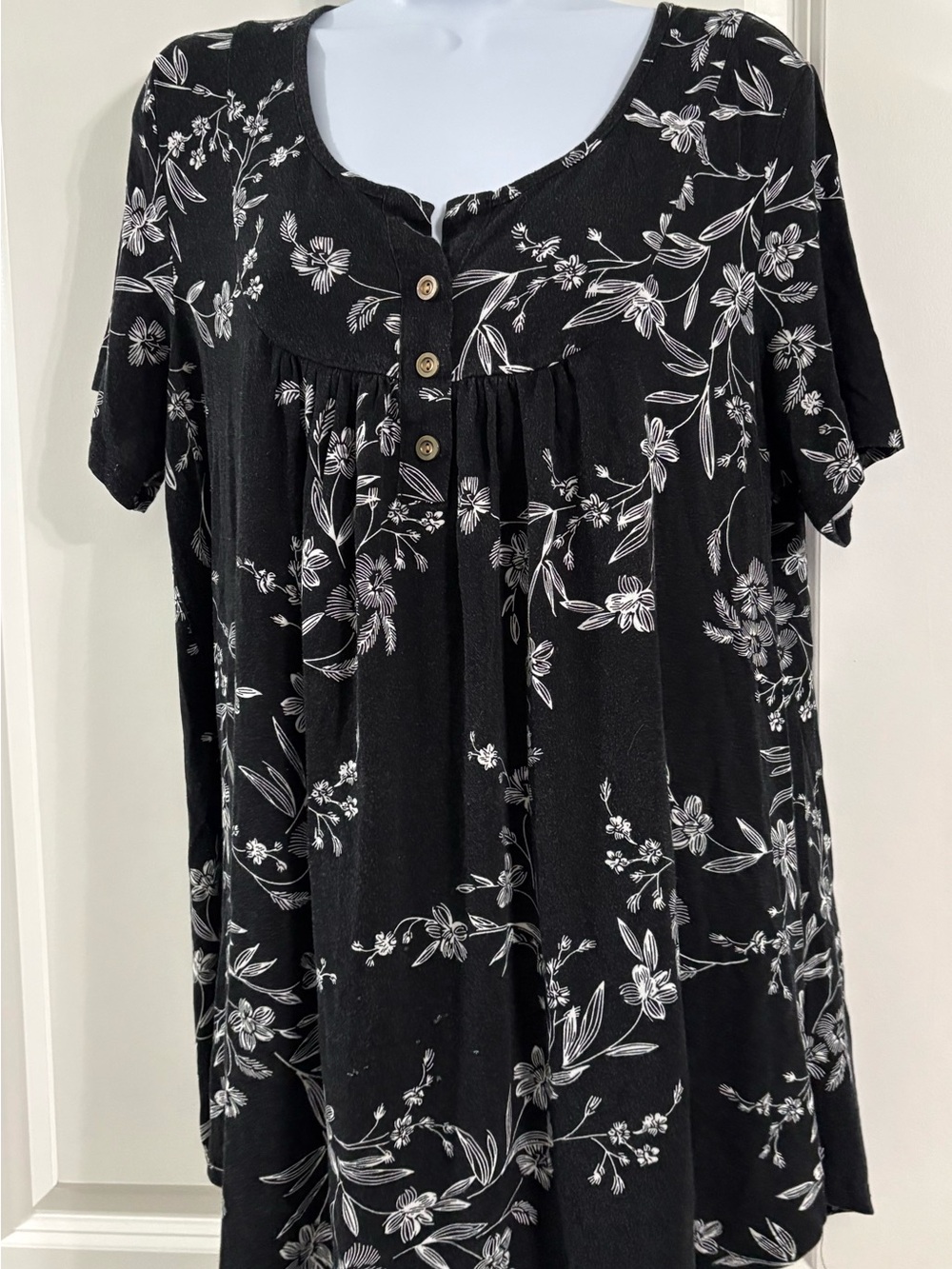 Black Floral Short-Sleeve Henley Blouse